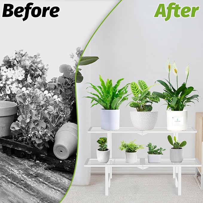 2 Tier Metal Foldable Plant Stand Outdoor Indoor Waterproof, Stackable Heavy Duty Outdoor Plant Shelf, Ladder Plant Stands Display Rack for Garden Window, White