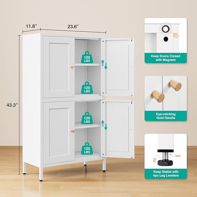 White Storage Cabinet with 4 Doors and 2 Adjustable Shelves,Narrow Food Pantry Cabinet with Leg,24 inch Wide Bathroom Cabinets,Small Metal Storage Cabinets for Home Kitchen,Dining/Living/Laundry/Room