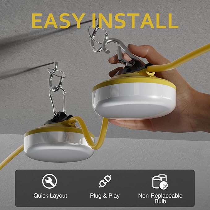 LED Construction String Lights 50FT, 5000 LM, 5000K Daylight LED String Work Lights, 50W Temporary Lighting for Job Site Outdoor Indoor, IP65 Waterproof Temporary Construction Lights, ETL Listed