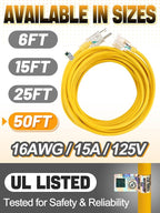Lighted End Heavy Duty Outdoor Extension Cord Waterproof -16AWG, 3 Prong, 15A, 1875W, Flexible Yellow Power Extension Cord for Outsides, 50ft