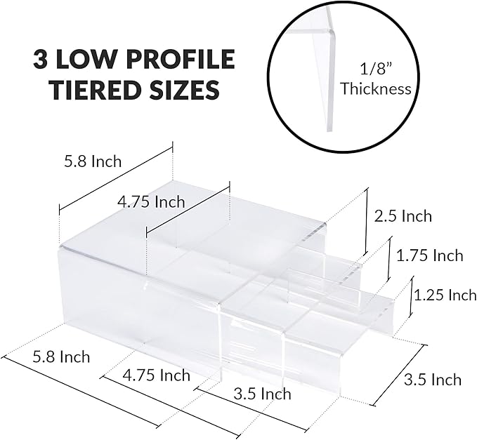 SimbaLux Acrylic Display Risers Clear Stand Set of 3 Small Low Profile Tiered for Showcasing Food, Cupcake, Dessert, Candy, Jewelry, Figurines, Photos, Retail & Home Decoration, Durable & Steady