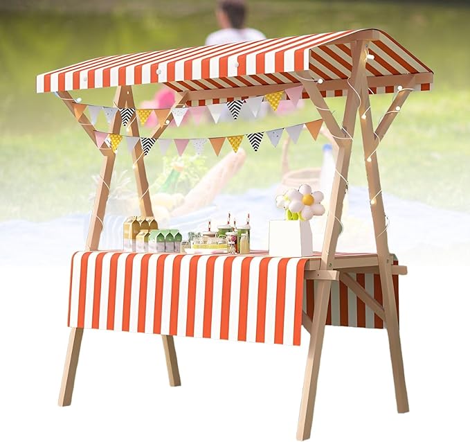 Collapsible Mobile Market Stall Carts Vendor on Wheels, Wood Outdoor Vendor Cart, Easy to Assemble for Parties, Birthdays, Weddings, Bar(Orange1,150cm/59in)
