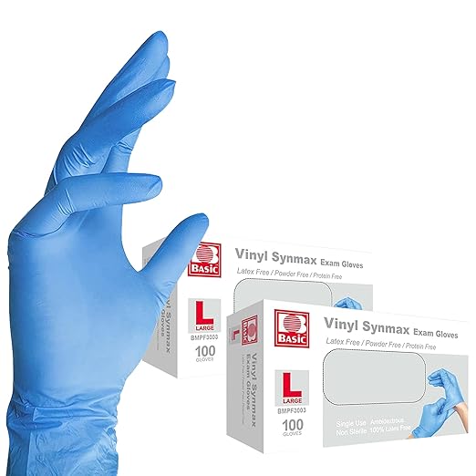 Basic Medical Synmax Vinyl Exam Gloves - Latex-Free & Powder-Free - Large, BMPF-3003 Blue 2 Boxes of 100