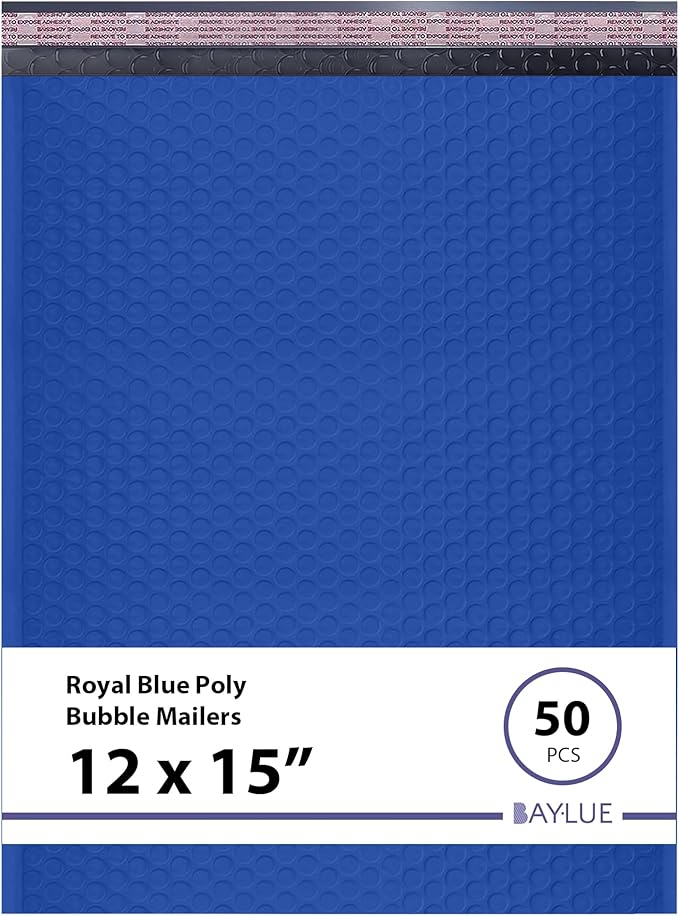 Royal Blue Large Poly Bubble Mailers 12x15 inch | Self Seal Padded Envelopes Cushioned Bubble Mailer | Usable Size 12x15 | WaterProof | Lightweight mailing Shipping Bags | 50 Pack Bulk
