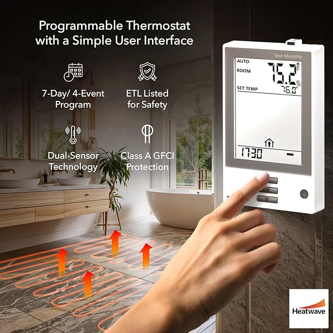 Electric Heated Floor System, 145 Sqft 240V Underfloor Electric Heating System, Heated Floor Mat, Radiant Heaters for Indoor Use, Heating Mat with 7-Day/4 Event Programmable GFCI Thermostat