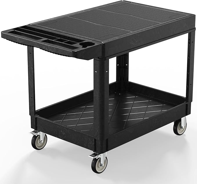 Heavy Duty Utility Rolling Tool Cart, 1000 lbs Capacity Flat Top Plastic Utility Service Cart with Two Trays and Wheels, 46 x 26-Inch Work Cart for Storage, Garage, Warehouse, Workshop, Black