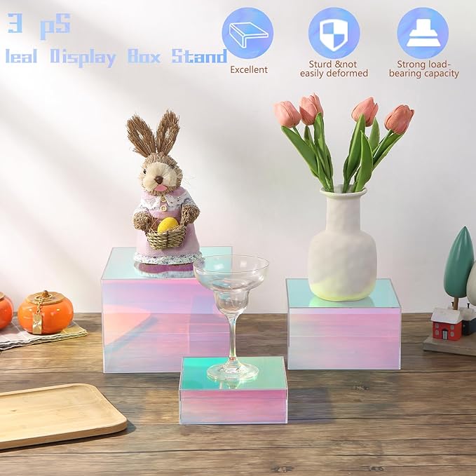 Risers Display Stands, Buffet Riser, Cubes Acrylic Display Box, Food Display Risers for Party, Acrylic Retail Display Stand, Nesting Showcase Display Riser, Craft Show Display Stand (3PCS-Iridescent)
