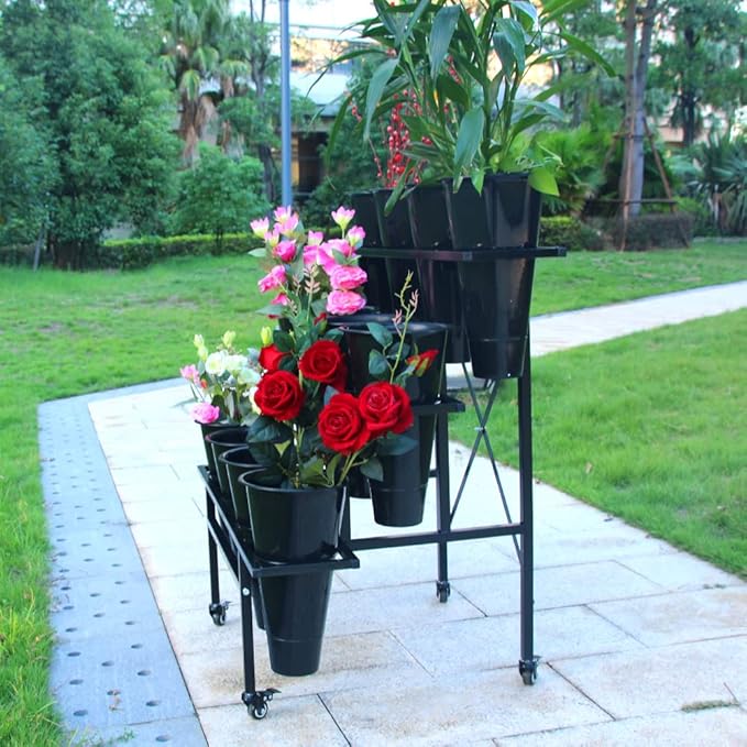 Zhongma Moving Plant Stand with Wheels Heavy Duty Garden Cart Display Flower Shelf with 12pcs Plastic Buckets for Fresh Flowers