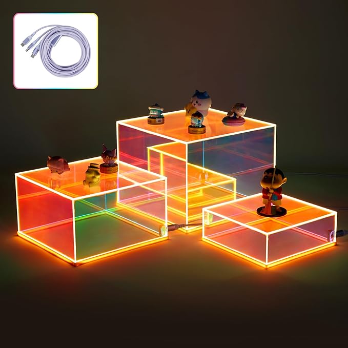 3Pcs Iridescent Acrylic Display Risers with LED light Plug and Play, Stackable Acrylic Cube Boxes Rainbow Display Stand with Hollow Bottom for Figures Jewelry Perfume Purse Food Buffet Riser