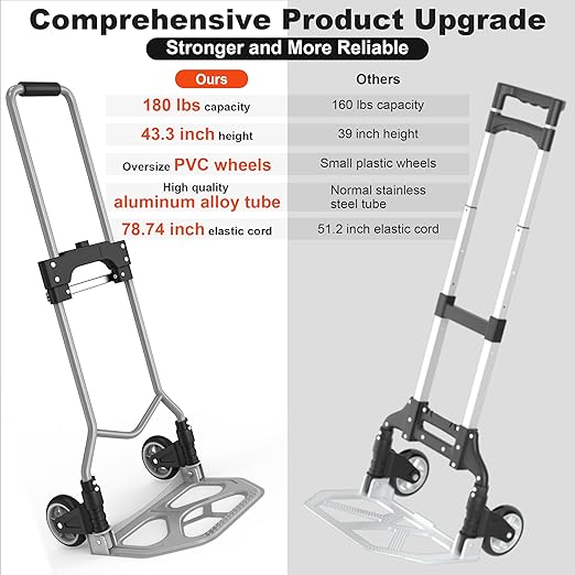 Folding Hand Truck Dolly Cart, 180LBS Portable Aluminum Hand Truck Foldable with Telescoping Handle and Elastic Cord for Luggage, Boxes, Functionality Foldable Dolly for Home, Moving, Black Gray