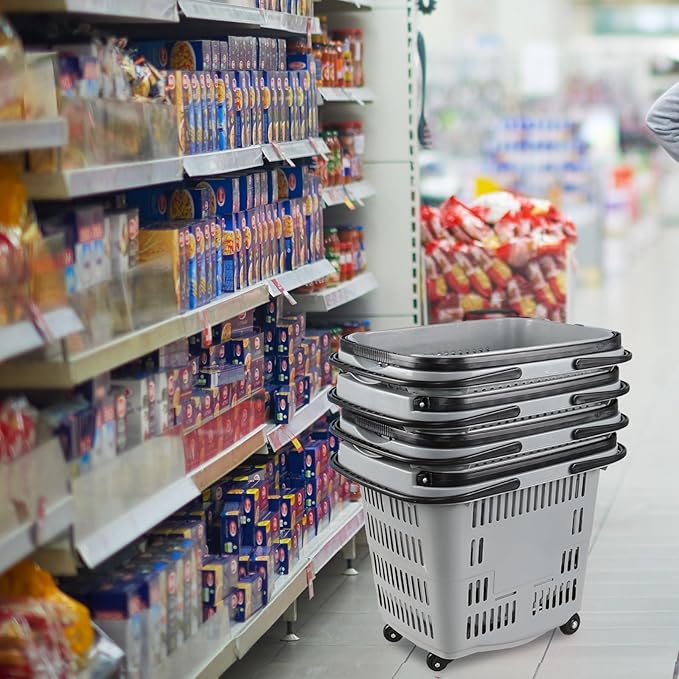 50 L Plastic Rolling Shopping Basket with Long Handle, Large Portable Retail Baskets Set for Groceries, 4 Packs