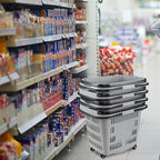 50 L Plastic Rolling Shopping Basket with Long Handle, Large Portable Retail Baskets Set for Groceries, 4 Packs