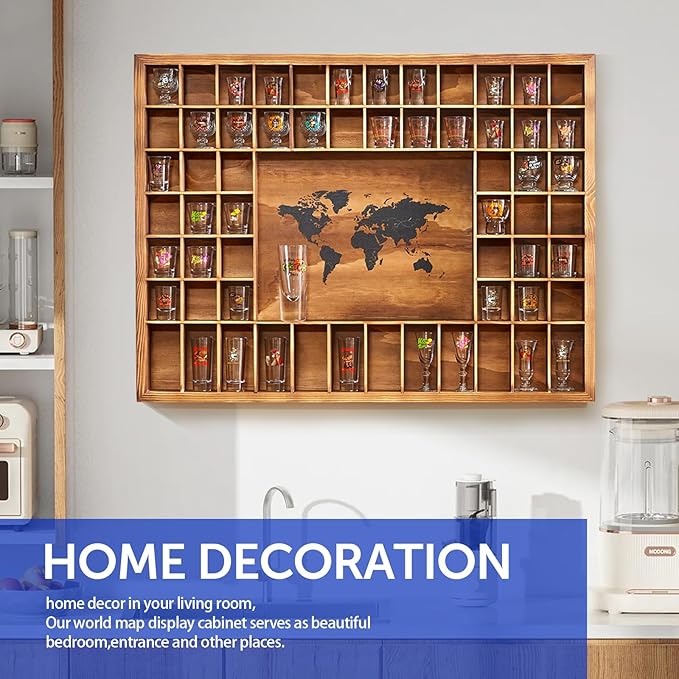 Large World Map Shot Glass Display Case 60 Slots 34 X 26''Rustic Brown Wood Holder for 2 Different Size Shot Glass In Living Rooms Bars Wine Cellars Used for Jewelry Stones & Shell