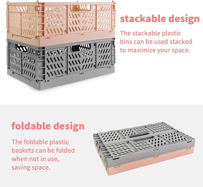 Domiella 2-Pack Crates for Storage, Storage Crates Plastic Stackable, Foldable Crate for Office Home Kitchen Bedroom Bathroom (Small, Golden Yellow)