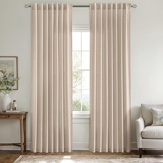 MIULEE Non-See-Through Privacy Linen Curtains 2 Panels, Light Filtering Window Curtains Farn House Textured Back Tab Semi Sheer Drapes for Bedroom Living Room, 52 x 72 Inches Long, Burlywood