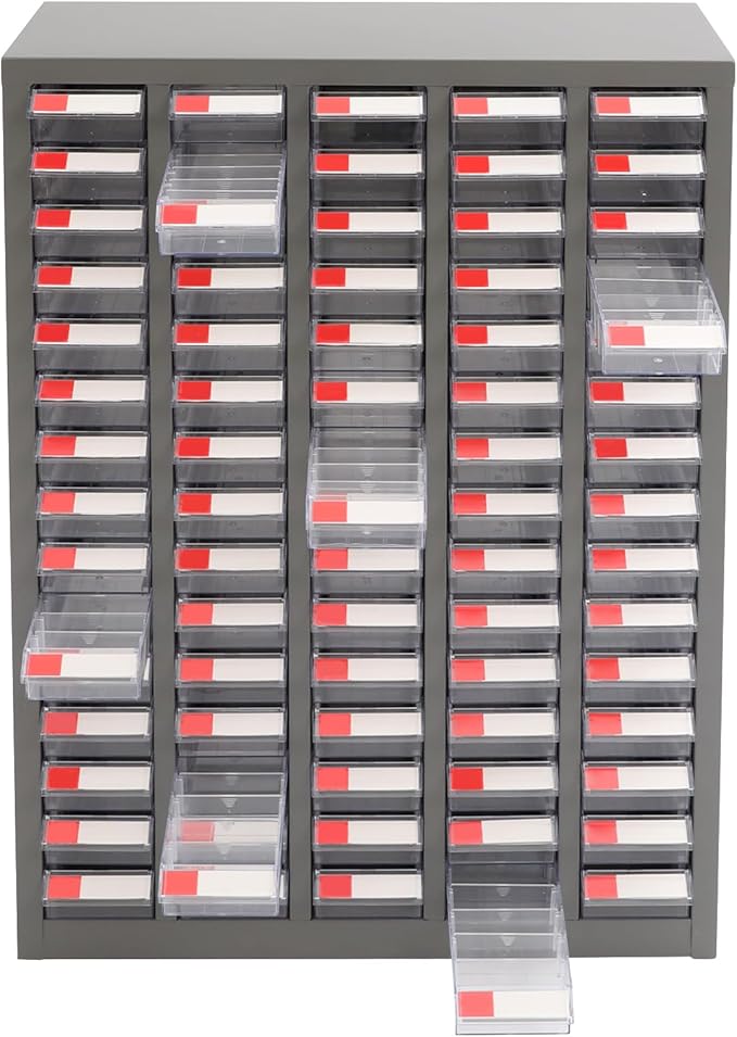 Drawer Storage Cabinet | Storage Cabinet Part Organization Shelves | Bolt and Nut Tool Storage Steel Cabinet | Hardware Organizer and Storage Organization | with Dividers and Labels (Clear)