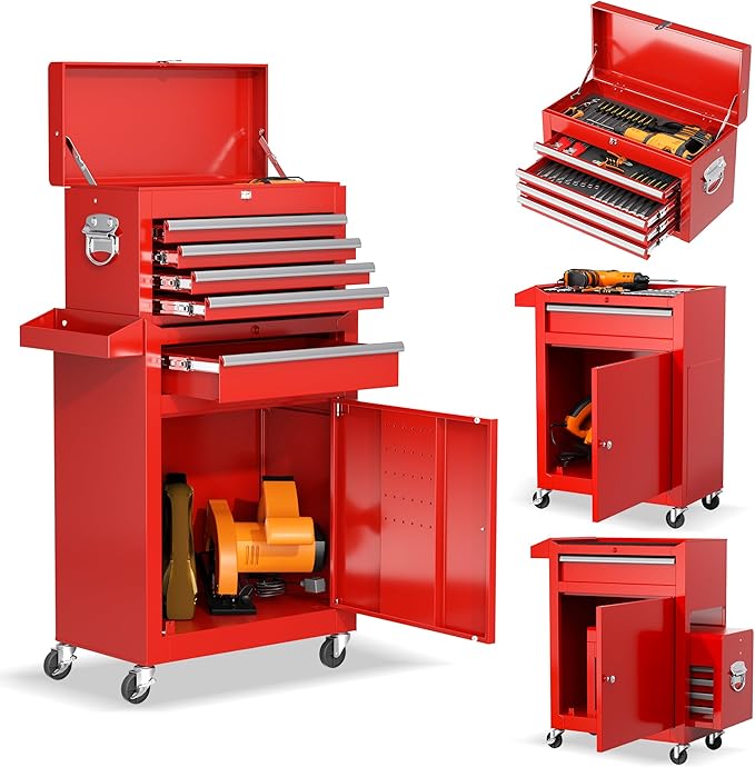 INTERGREAT Tool Chest, 5 Drawers Rolling Tool Chest with Detachable Top Tool Box, Tool Chests with Universal Lockable Wheels, Metal Tool Cart for Garage, Workshop, Barbershop