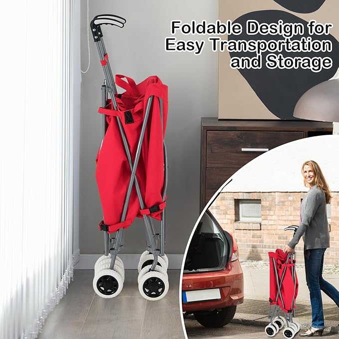 Goplus Folding Shopping Cart with Wheels, Grocery Cart with Removable Oxford Cloth Liner, Lightweight Utility Cart for Groceries Laundry, Red