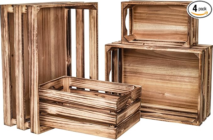 Set of 4 Large Torched Wood Decorative Storage Crates, Nesting Wooden Crates for Display Rustic, Farmhouse Wooden Storage Container Boxes Made from 100% Wood