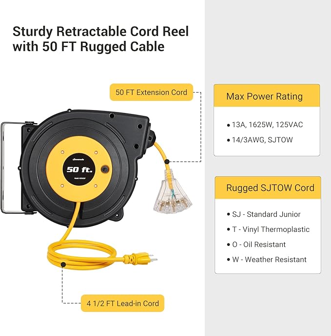 DEWENWILS Retractable Extension Cord Reel, 50FT Power Cord Reel with 14AWG/3C SJTOW, 13A Circuit Breaker, Wall/Ceiling Mounted, 3-Lighted Triple Outlets for Garage, Workshop, UL Listed, Yellow