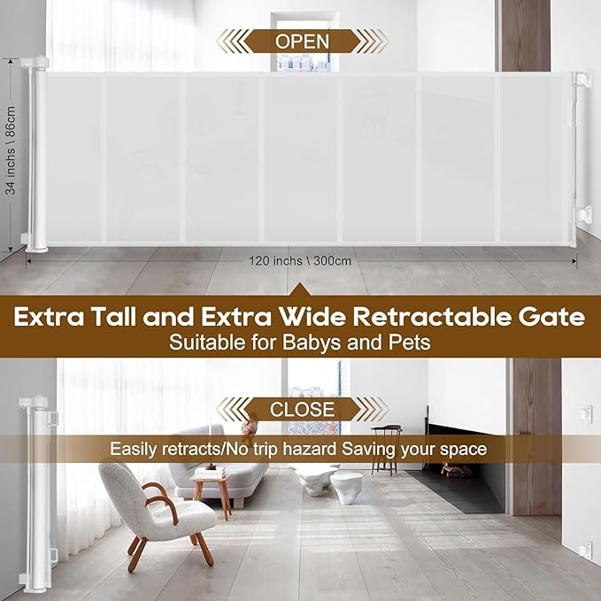 100 inch Retractable Baby Gates 34 inch Tall, Retractable Gate with Reinforced Strip Design to Prevent Crawling Through, 8 FT Extra Wide Retractable Dog Gate for Indoor/Outdoor