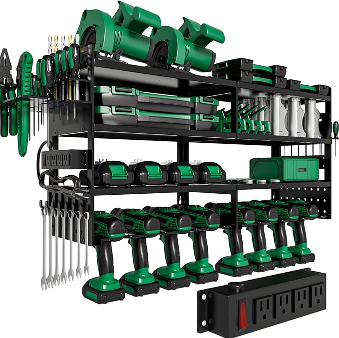 Power Tool Organizer Wall Mount, Modular Tool Storage Rack with Charging Station, 4 Layers Heavy Duty Metal Tool Rack with 8 Drill Holder, Utility Racks for Garage Workshop, Gifts for Men