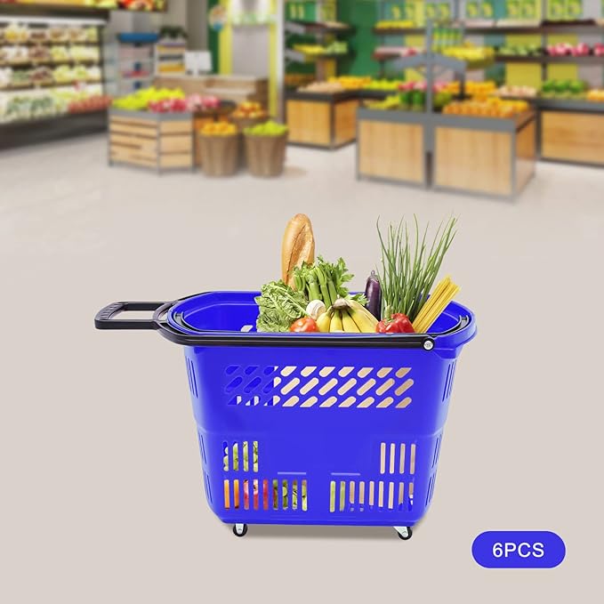 6PCS Plastic Shopping Baskets, 35L/9.2Gal Trolley Rolling Shopping Cart Set with Wheels,Grocery Basket with Handles,Portable Utility Cart for Supermarket,Retail Store,Laundry,Fruit Stores (Blue)