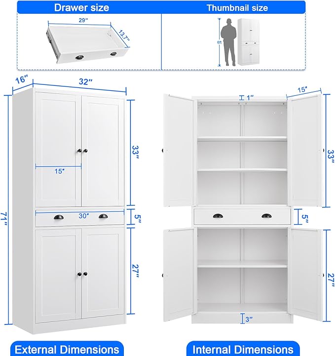 Metal Kitchen Pantry Cabinet, 71'' Tall Food Pantry Storage Cabinet with Doors and Shelves, White Freestanding Cupboard for Dining Room, Living Room - Assemble Required