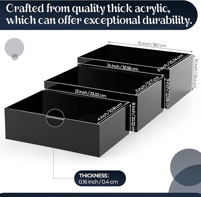 3 Pack Extra Large Acrylic Buffet Risers - 15”, 14”, 13” Black Display Stands with Hollow Bottoms, Cube Riser Boxes Nesting for Dessert Food Catering Buffet Display Party Supplies
