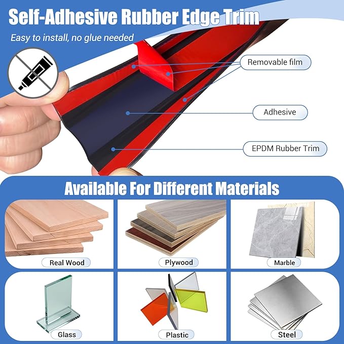 Rubber Edge Trim, Self-Adhesive U Channel Edge Protector for Plywood, Cabinet, 5/8" Wood Edge Banding, Flexible Furniture Repair, EPDM Material, Fit 5/8"(16mm), Length 10Ft, Black