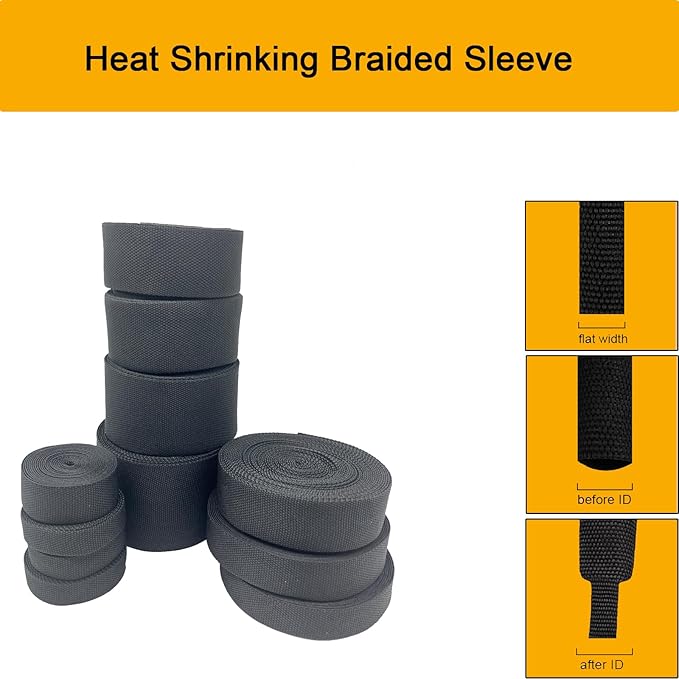 Heat Shrink Braided Sleeving 2:1 Shrinkable Fabric Cable Sheathing Wire Tubing Management Abrasion Protectors Flexibility 5/8" ID-16FT