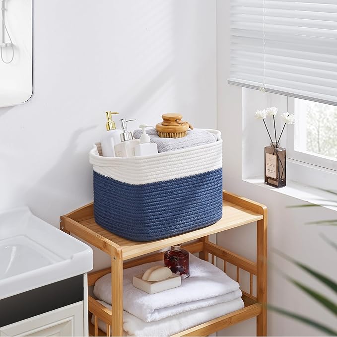 OIAHOMY Storage Baskets - Woven Cotton Rope Baskets for Shelves, Toy Towel Organizer Bins, Pack of 3, Blue & White
