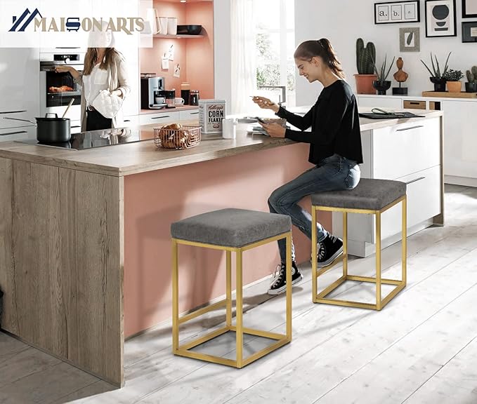 MAISON ARTS 24 Inch Grey+Gold Counter Height Bar Stools Set of 2, Stain & Scratch Resistant PU Leather Seat, Sturdy Metal Frame, Easy Assemble, Ideal Space Saver