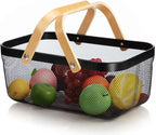 IBWell Square Metal Wire Woven Fruit Storage Bowl Basket with Wooden Handle, Large Black Mesh Fruit Stand, Multi-function Hanging Kitchen Baskets (Black, Extended)