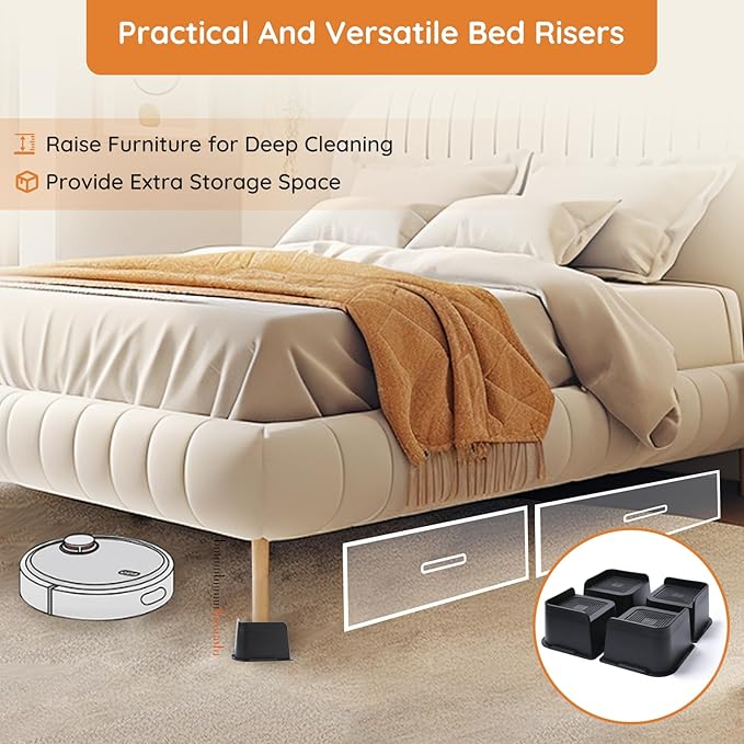 Bed Risers, Oversized Furniture Risers, 3 inch Raise Blocks for Bed Couch Desk Sofa Table Lifts, Furniture Legs Lifters Support up to 6000 Lbs (Black, 4 Pack Set)