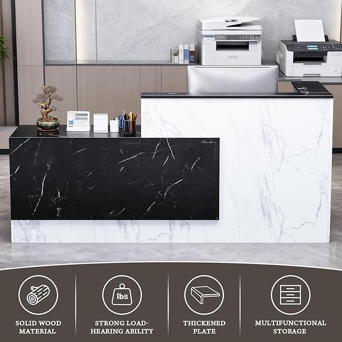 L-Shaped Modern Reception Desk with Counter & Storage - 71"/84" Large Office Front Desk, Salon Checkout Counter with Lockable Cabinets, Shelves & Drawers (Black & White, Left - 71''L x 34''W x 41''H)