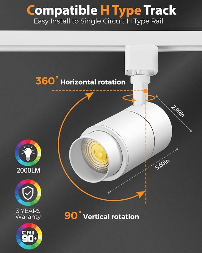VANoopee 3-Color Zoomable 20W LED Track Lighting Heads H Type Track Light Heads Dimmable Bright Ceiling Spotlight Fixtures for Kitchen, 3000K 4000K 5000K Adjustable, CRI90+ 15°-60° 2000lm White 6 Pack