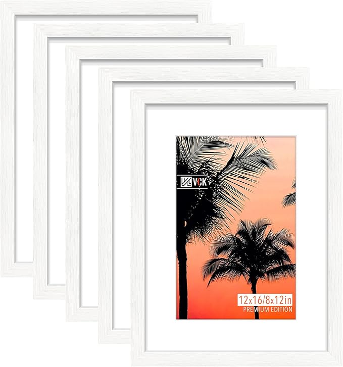 VCK 12x16 White Picture Frame set of 5, Textured Exclusive Wooden Photo Frames with HD glass | Matted to 8x12 or 12x16 without Mat | Wall Hanging