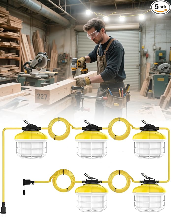 HYPERLITE LED Construction String Lights: 50FT LED String Work Lights with 5 Bulbs - IP65 Waterproof Linkable Temporary Lighting for Job Site Attic Renovation Crawlspace Lighting
