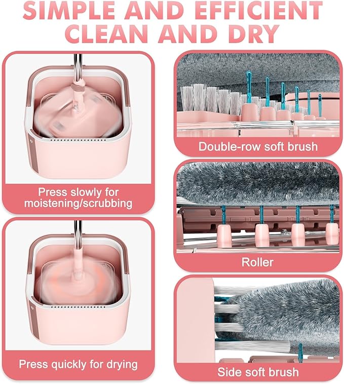 Upgraded Spin Mop and Bucket System Set, Self Separate Clean and Dirty Water, Foldable Square Standing Mop Head with Microfiber Mop Pads, Detachable Bucket (Pink, Mop Set with 2PC Pads)