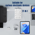 15 FT Flat Plug Surge Protector Power Strip,11 Multiple AC Outlets with 6 USB Ports (2 USB C), 15 Feet Extension Cord, 1250W/10A, One Touch Switch Button, White