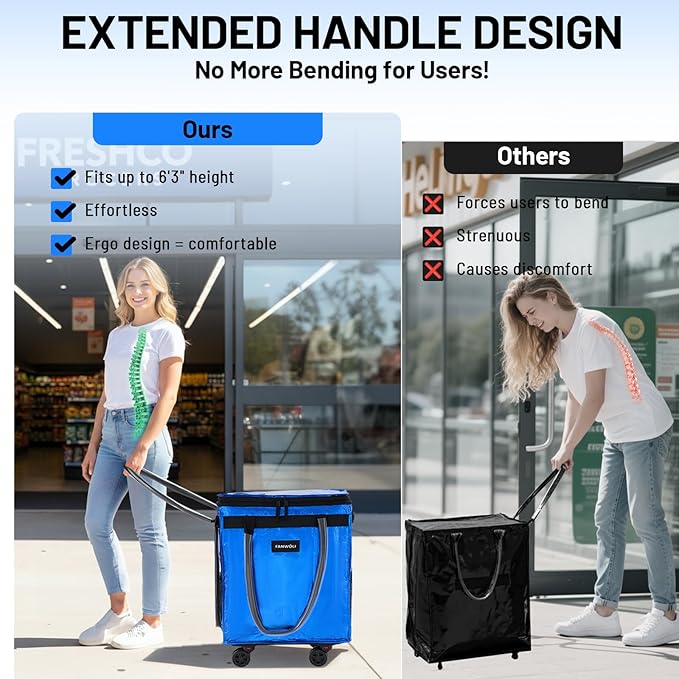 (Large) Fanwoli Reusable Grocery Bag on Wheels with Upgraded Wrinkle-Resistant Fabric | Enhanced Stability Wheels & Extended Handle | Foldable Shopping Trolley for Laundry, Carries Up to 130 L