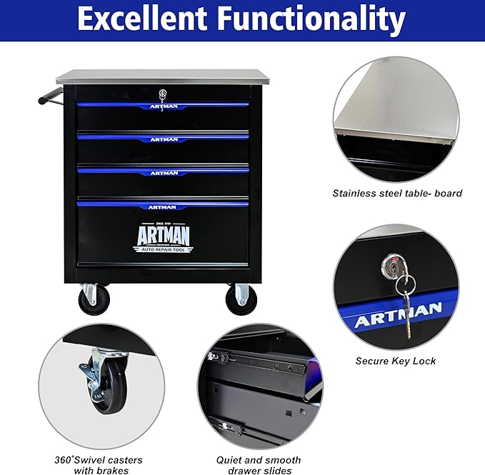 4 Drawers Rolling Tool Box on Wheels, Multifunctional Tool Chest Cabinet with Lock, Drawers Rolling Tool Cart Trolley Organizer Tool Storage Case for Garage,Warehouse - DIY Interconnectable