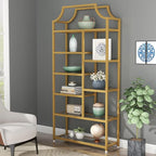 Loomie 8-Open Shelf Bookshelf, 70.87" H x 31.5" L Lux Etagere, Tempered Glass Bookcase, Tall Storage Display Modern Open Book Case for Bedroom, Home Office & Living Room, Gold Finish & Glass Shelving