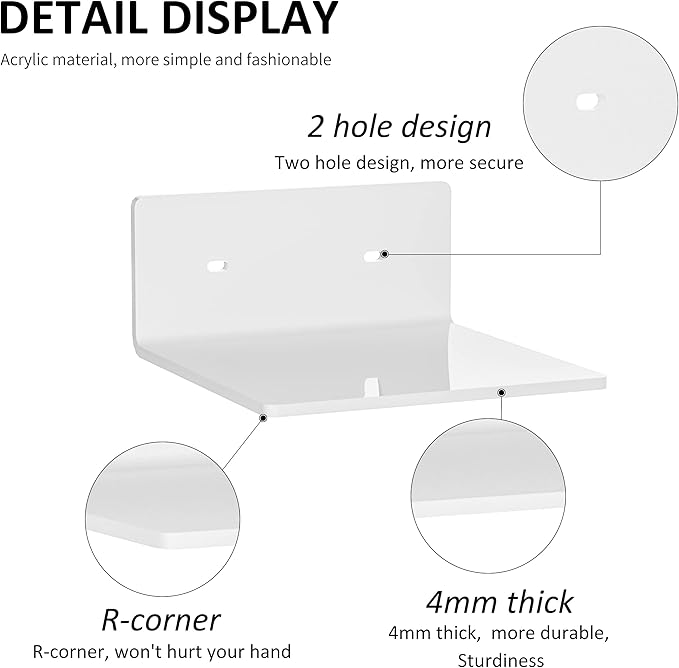 6 Inches Acrylic Small Wall Shelves 2 Pack, Floating Shelf for Wall Mounting, Acrylic Display Ledges for Funko Pop Figures, Home Décor, Living Room, Gaming Room, Plants(6 inch, White)