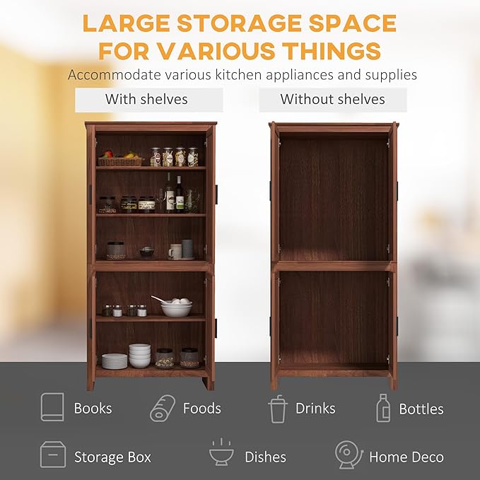 HOMCOM 64" Kitchen Pantry Cabinet, Freestanding Storage Cabinet with 4 Doors and 3 Adjustable Shelves for Dining Room, Brown