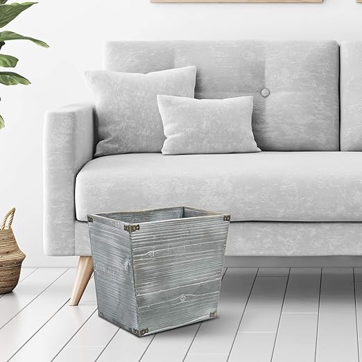 VERGOODR Grey Farmhouse Style Torched Wood Trash Can Waste Bin with Decorative Metal Brackets Trash Can for Bedroom,living room, Bathroom & Office (Gray)