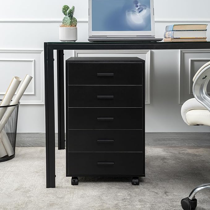 Naomi Home 5-Drawer Under Desk Rolling Storage Cart - Mobile Organizer with Lockable Casters, Black Engineered Wood for Office Dorm Apartment, Scratch-Resistant 15.7 x 15.7 x 26 Inches