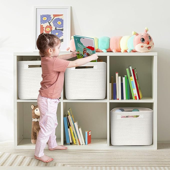 3 Pack Shelf Woven Storage Basket, 15 x 10 x 9” Closet Rope Baskets For Organizing, Square Bins with Handles, White