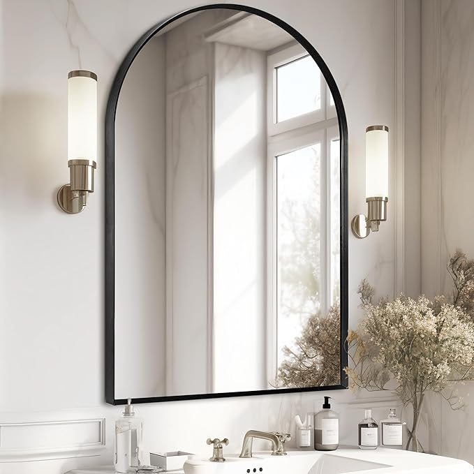 Large Black Arched Mirror, 30" x 40" Modern Brushed Metal Frame Arch Wall Decorative Mirror, Arched Top Bathroom Vanity Mirror for Living Room Bedroom Fireplace Mantel, Tempered Glass